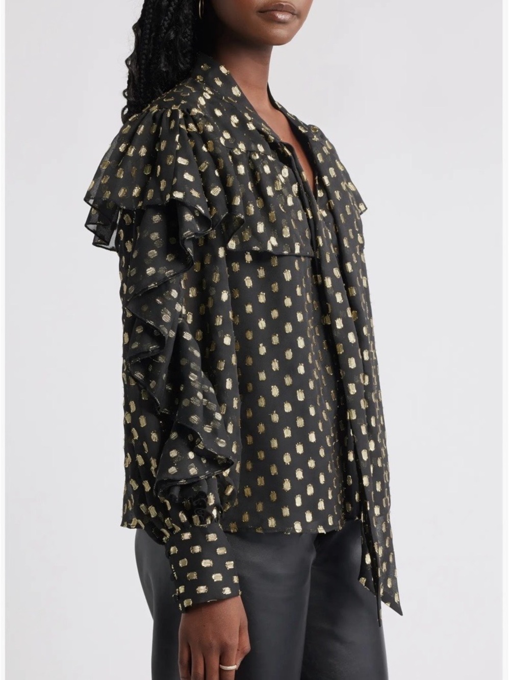 Black Tie-Neck Blouse with Gold Dot Print - Picture 3 of 7